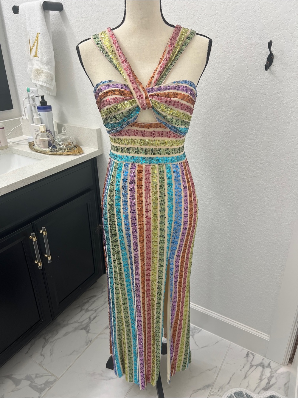 Saylor “Eli” Multicolor Striped Sequin Column Maxi/Midi Dress